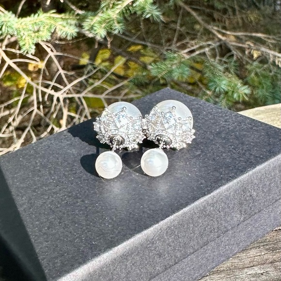 Elegant Silver Pearl Two Sided Earrings, intricate silver details - Picture 3 of 7